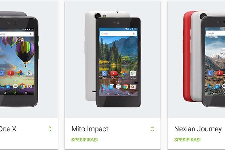 Tiga model ponsel Android One Indonesia dari Evercoss, Mito, dan Nexian
