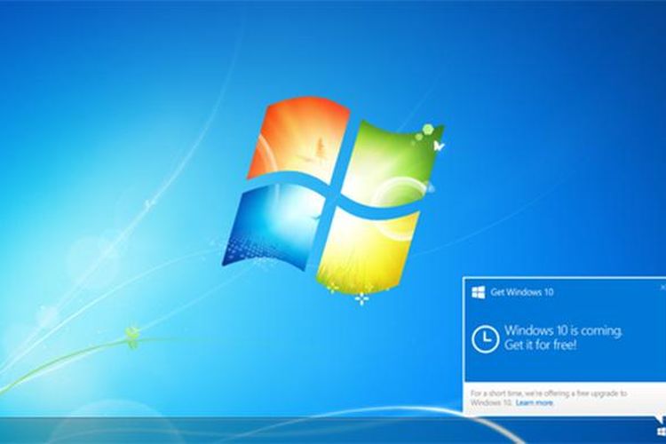 Pop-up berisi notifikasi untuk melakukan reservasi upgrade Windows 10, di bagian pojok kanan layar tampilan desktop Windows