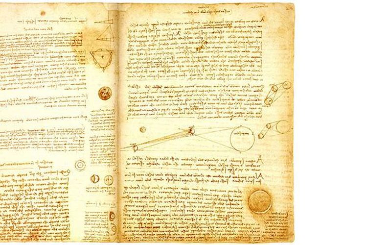 Salah satu halaman dalam jurnal Codex Leicester yang ditulis Leonardo da Vinci