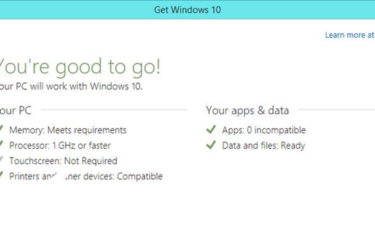 Jendela baru berisi spesifikasi yang cocok dan tidak cocok dengan Windows 10