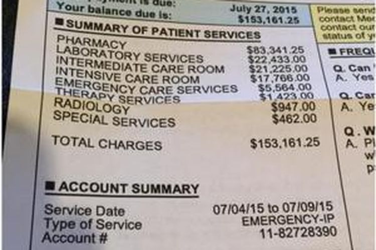 Bon tagihan biaya perawatan Todd Fassler dari rumah sakit menunjukkan angka total di kisaran 150.000 dollar AS