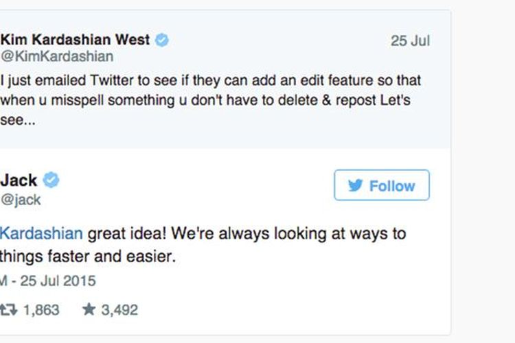 Kicauan CEO Twitter Jack Dorsey menanggapi permintaan Kim Kardashian untuk menambah fitur penyuntingan tweet