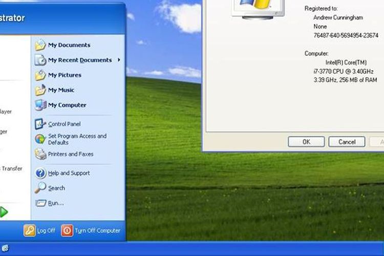 Tombol dan menu Start di sistem operasi Windows XP