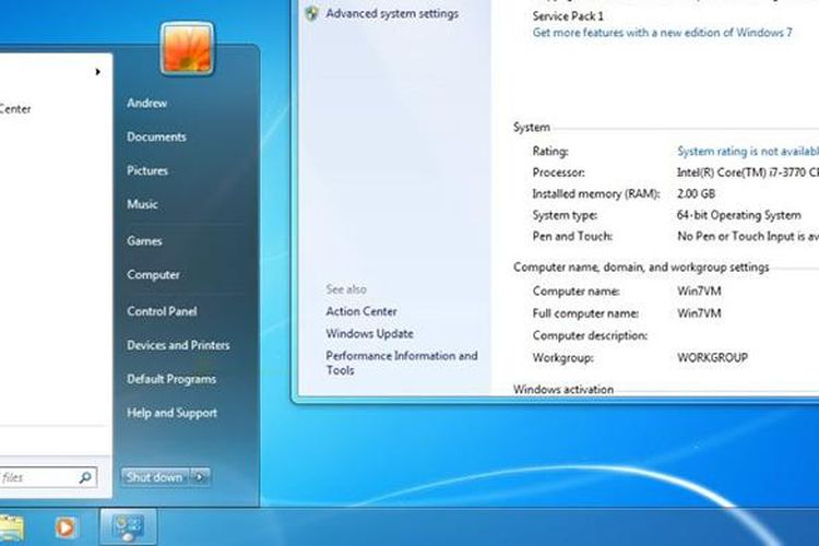 Tombol dan menu Start di sistem operasi Windows 7