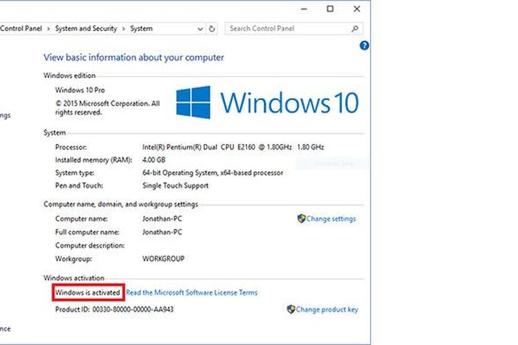 Screenshot OS Windows 10 dengan status activated, meski terpasang sebagai upgrade di mesin yang sebelumnya menjalankan Windows bajakan