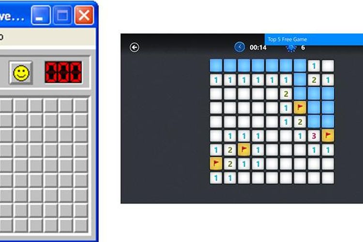 Tampilan game Minesweeper di Windows XP (kiri) dan Windows 10