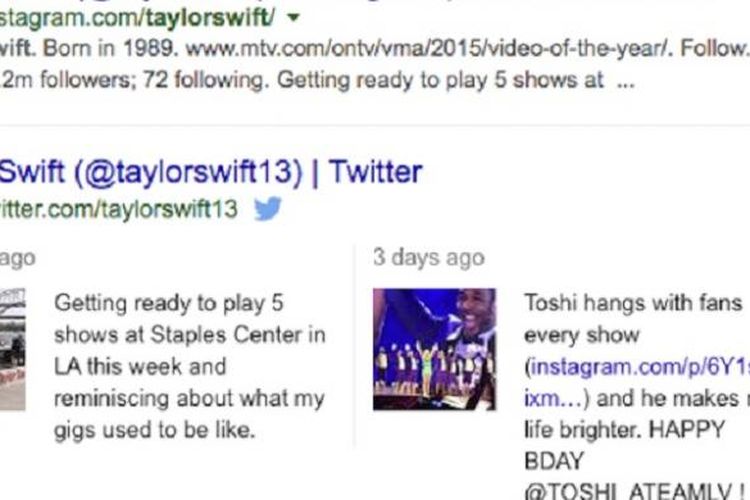 Hasil pencarian Taylor Swift di Google
