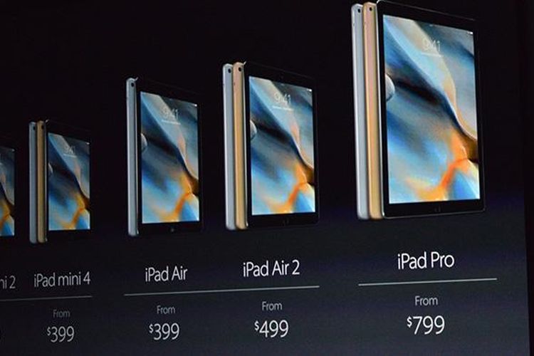 Daftar harga model-model iPad yang diumumkan dalam acara Apple di Bill Graham Civic Auditorium, San Francisco, AS, Rabu (9/9/2015)