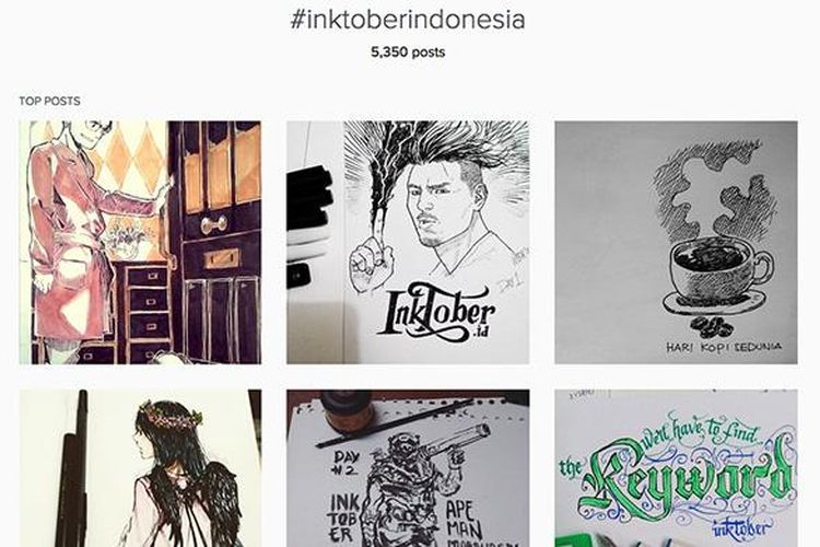 Beberapa karya hasil gambar orang Indonesia dalam rangka InkTober yang diunggah di Instagram