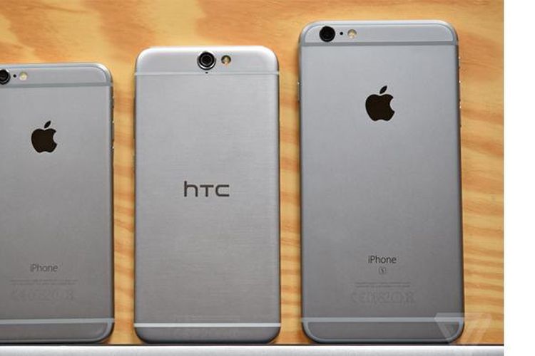 HTC One A9 (tengah) disandingkan dengan iPhone 6s dan iPhone 6s Plus