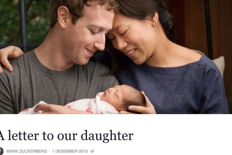 Laman Facebook yang menampilkan surat Mark Zuckerberg untuk anaknya yang baru lahir.