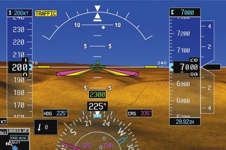 Tampilan synthetic vision di layar instrumen, memadukan kontur dataran (terrain) dengan informasi-informasi yang biasa ditampilkan di primary flight display (PFD).