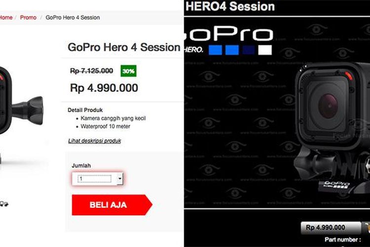 Diskon palsu di Hari Belanja online Nasional, harga GoPro Hero 4 Session di situs MatahariMall.com dengan diskon 30 persen, sama dengan harga di Focus Nusantara.