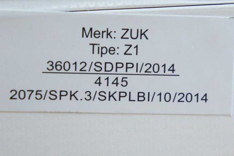 Nomor sertifikat Xiaomi yang tertera dalam kardus Zuk Z1.