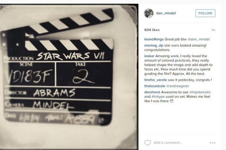 Foto behind the secenes Star Wars di Instagram Dan Mindel.