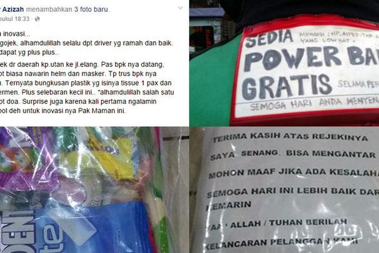Testimoni Yuyu Nur Azizah di Facebook tentang layanan Go-Jek yang menurut dia sangat menyentuh. 