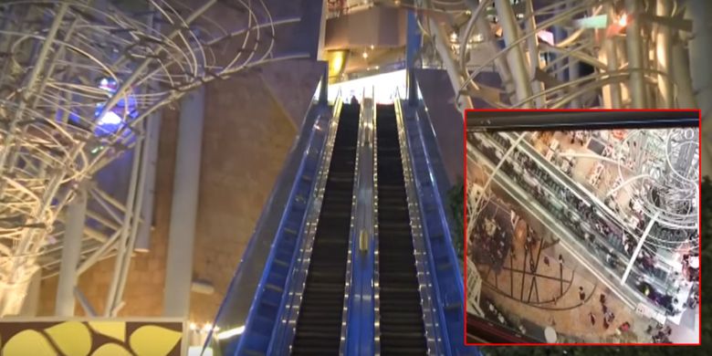 Cuplikan gambar dari video eskalator di Langham Place Mall, Hong Kong, yang tiba-tiba berjalan berbalik arah dalam kecepatan tinggi, Sabtu (25/3/2017) sore waktu setempat.