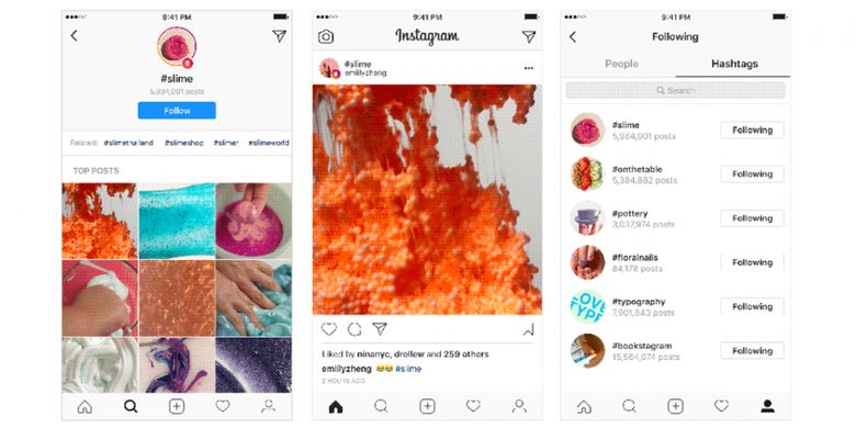 Tombol follow akan muncul di laman tagar (kiri). Setelah diikuti, aneka posting dengan tagar yang di-follow akan muncul di timeline pengguna (tengah). Untuk melihat tagar apa saja yang diikuti oleh seorang teman, pengguna bisa melihat kolom hashtag di samping kolom pople ketika melihat daftar follower (kanan).