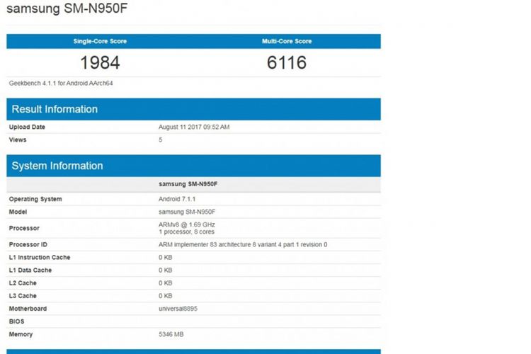 Galaxy Note 8 Geekbench Skoru