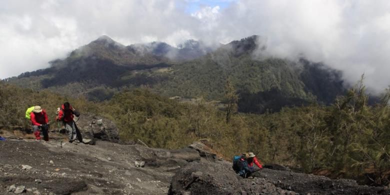 Tim Ekspedisi Cincin Api Kompas merambat menyeberangi aliran lahar di lereng Gunung Gunung Semeru, Lumajang, Jawa Timur, untuk mencari keberadaan arca kembar (Arcopodo), Kamis (17/11/2011). Tim berhasil menemukan Arcopodo, yang telah dikabarkan hilang. Letak Arcopodo bukan di Pos Arcopodo di jalur pendakian. KOMPAS IMAGES/FIKRIA HIDAYAT(KOMPAS.com / FIKRIA HIDAYAT)