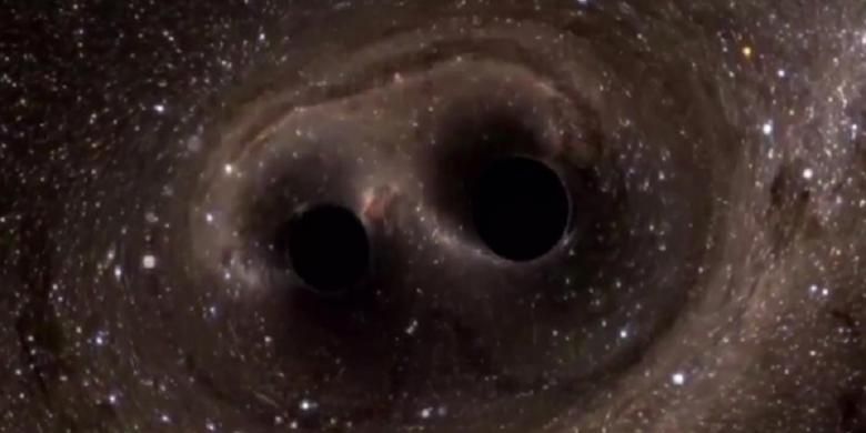 Dua lubang hitam yang berada pada jarak 1,3 miliar tahun cahaya menjadi satu, menghasilkan gelombang gravitasi yang terdeteksi instrumen LIGO. Gelombang gravitasi itu membuktikan kebenaran teori Einstein. (Sky News)