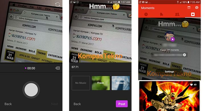 Antarmuka kamera untuk merekam video Coverstories (gambar kiri). Video bisa ditambahi teks dan musik layar belakang (layar tengah). Usai diunggah, video akan muncul sebagai latar belakang profil pengguna.