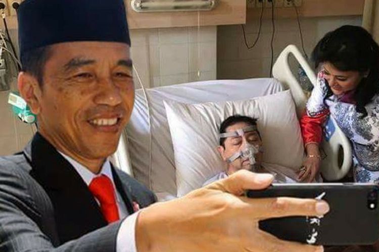 Foto Ketua DPR Setya Novanto terbaring di Rumah Sakit dijadikan meme oleh Netizen. Seolah-olah Presiden Joko Widodo hadir menjenguk Novanto dan selfie bersama Ketua Umum Golkar itu.