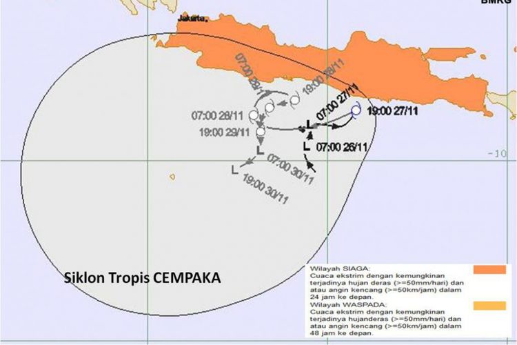 Siklon Tropis (badai) Cempaka akan terjadi tiga hari ke depan (28-30 November 2017) di pulau Jawa.