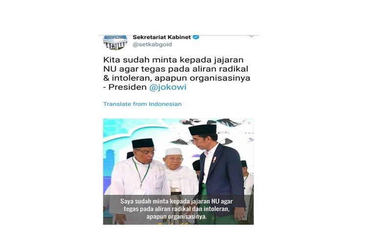 Akun Twitter @setkabgoid yang salah mengutip pernyataan Presiden Jokowi.