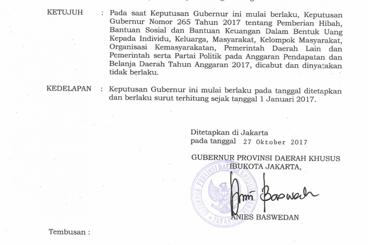 Keputusan gubernur mengenai kenaikan dana parpol yang ada di dalam pos Bakesbangpol DKI Jakarta pada APBD DKI Jakarta 2018 