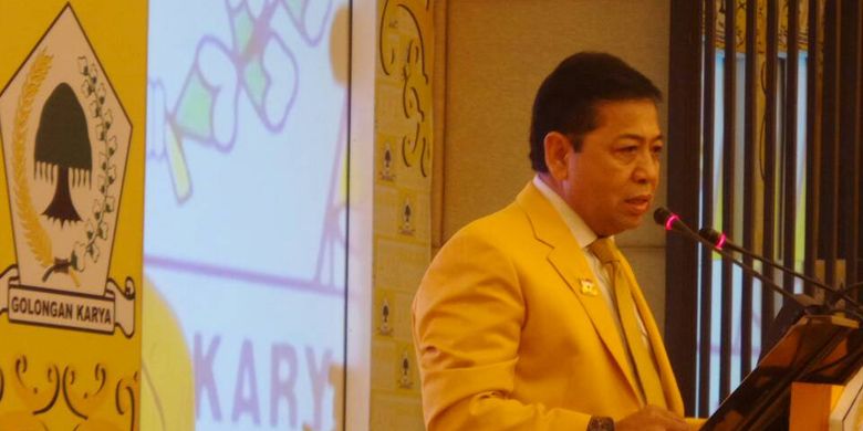 Ketua Umum Partai Golkar Setya Novanto saat memba wakan pidato pada acara Rapat Pimpinan Nasional Partai Golkar di Balikpapan, Kalimantan Timur, Senin (22/5/2017).