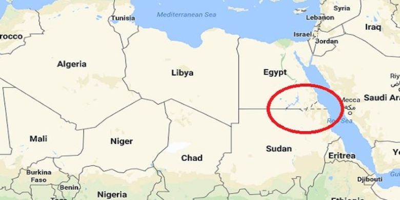 Bagian yang dilingkari di dalam peta ini menunjukkan lokasi Bir Tawil, wilayah tak bertuan di antara Mesir dan Sudan.(Telegraph)