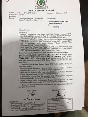 Beredar surat keputusan Golkar untuk mengusung Ridwan kamil dan Daniel Mutaqien untuk Pilkada Jawa Barat.