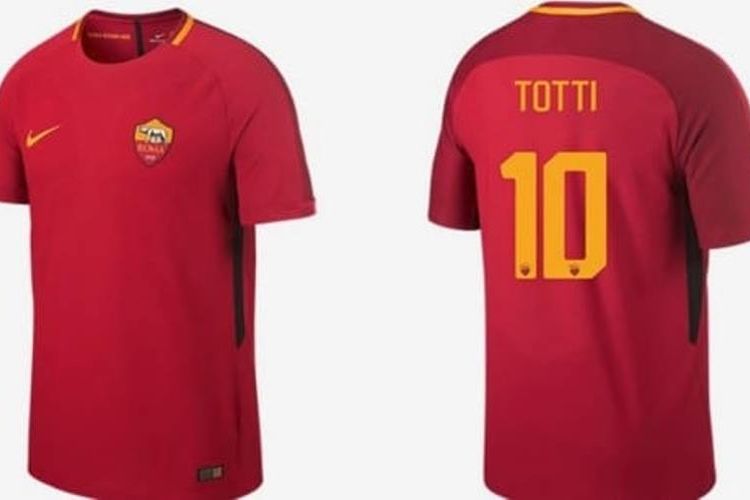 Kostum baru AS Roma untuk musim 2017-2018, yang diluncurkan pada Selasa (23/5/2017). Kostum baru ini akan dikenakan pada laga terakhir Serie A musim 2016-17 melawan Genoa, Minggu (28/5), yang sekaligus menjadi pertandingan terakhir Francesco Totti dalam kariernya sebagai pesepak bola profesional.