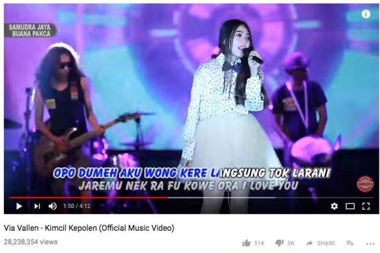 Lagu Kimcil Kepolen dari Via Vallen di Youtube ditonton lebih dari 28 juta pada Minggu (29/10/2017). 