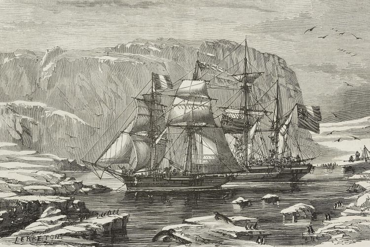 The HMS Erebus and HMS Terror in the bay where John Franklins expedition spent the winter of 1845-1846, as illustrated by Le Breton in 1853.