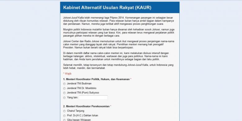 KABINET ALTERNATIF USULAN RAKYAT Jokowi Meminta Publik Berpartisipasi Memilih Menteri untuk Kabinet Periode 2014-2019