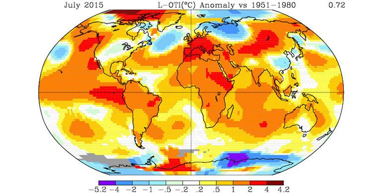 NASA GISS
Ilustrasi catatan suhu panas bumi pada Juli 2015 menurut pantauan NASA