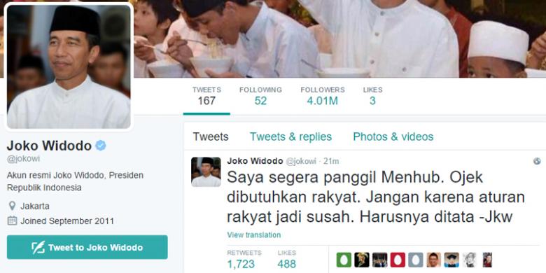 Jokowi Tanggapi Pelarangan Ojek lewat Twitter