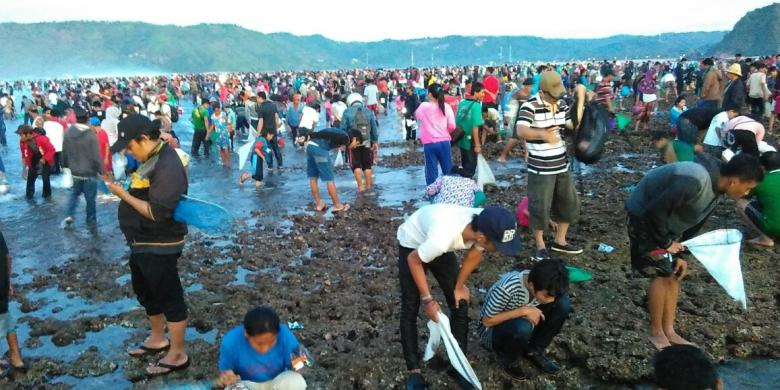 Ribuan warga membanjiri Pantai Seger di Kecamatan Pujut, Kabupaten Lombok Tengah, NTB, Minggu (28/2/2016), untuk merayakan tradisi Bau Nyale.