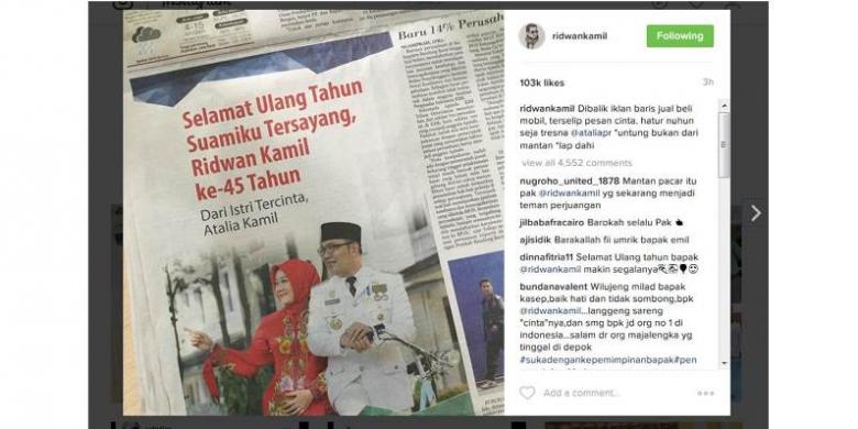 Ridwan Kamil Ulang Tahun, Istri Pasang Iklan Ucapan 