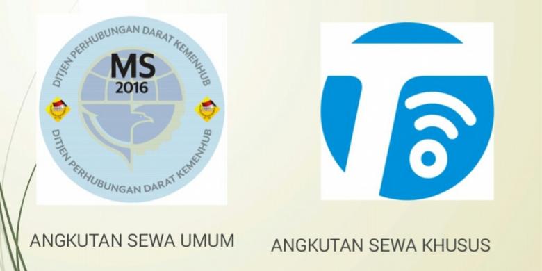 Stiker khusus yang akan dipakai taksi online (kanan) yang membedakannya dari angkutan konvensional (kiri).