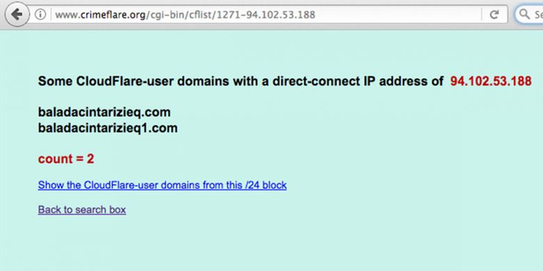 Penelusuran CrimeFlare.org menunjukkan ada dua domain pengguna proxy CloudFlare, yakni Baladacintarizieq.com dan Baladacintarizieq1.com, yang terhubung ke alamat IP 94.102.53.188.