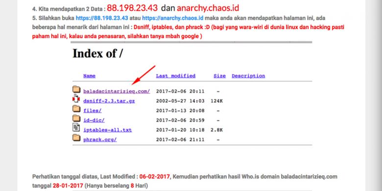 Tampilan hasil analisa orang tanpa nama melalui Censys.io, saat menjumpai web mirror Baladacintarizieq.com yang dibuat Irfan Miftach pada 6 Februari 2017. Artikel analisa kini telah ditarik oleh penulisnya. Gambar screenshot diperoleh dari arsip Web Archive.