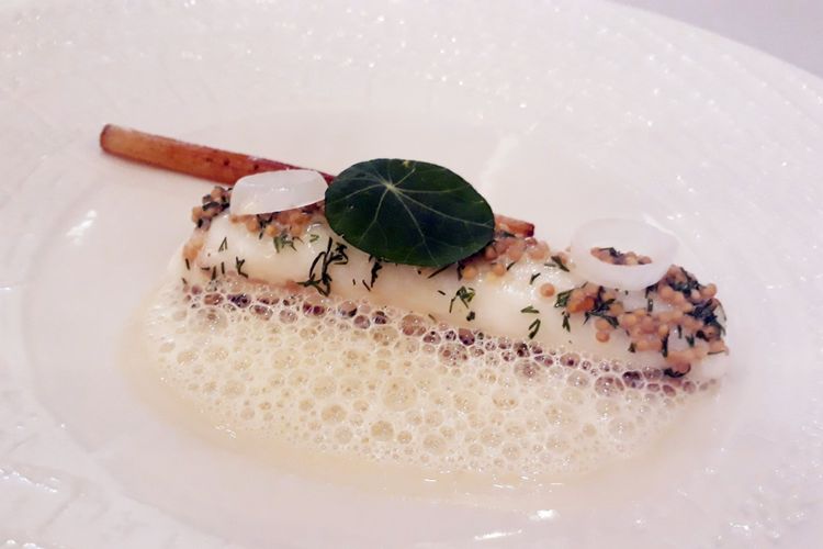 Poached Dover Sole with Pearl Onion, Mustard Seeds, and Salsify.