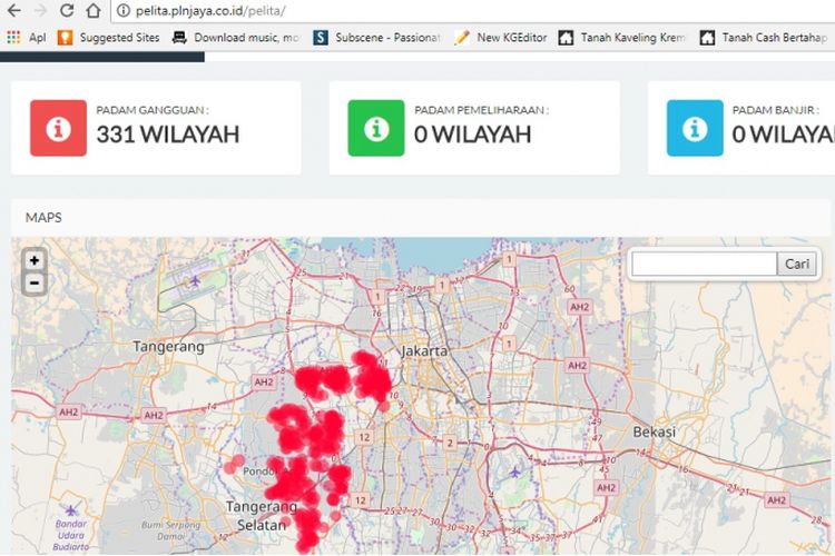 Peta wilayah yang terdampak mati listrik akibat gangguan pada GI Muara Karang dan Gandul di Tangerang Selatan dan sekitarnya pada Selasa (2/1/2017) secara real time di situs http://pelita.plnjaya.co.id pukul 10.30 WIB