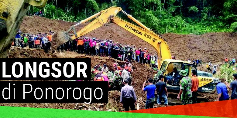 Alat berat tengah bekerja menggali timbunan tanah longsor di Dukuh Tingkil, Desa Banaran, Kecamatan Pulung, Kabupaten Ponorogo, Jawa Timur, Minggu ( 2/4/2017). Puluhan orang dilaporkan tertimbun.