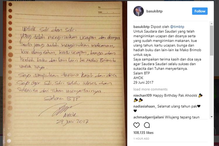 Secarik kertas bertuliskan ucapan terimakasih dari Mantan Gubernur DKI Jakarta Basuki Tjahaja Purnama diunggah melalui akun Instragram pada Kamis (29/6/2017).