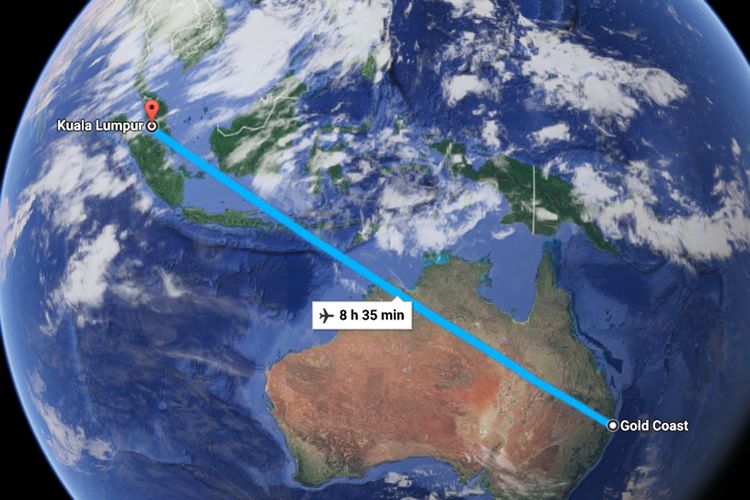 Jalur penerbangan dari Brisbane menuju Kuala Lumpur