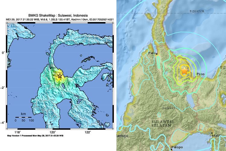 Gempa berkekuatan magnitudo 6,6 di dekat Poso, Sulawesi Tengah, Senin (29/5/2017) malam.